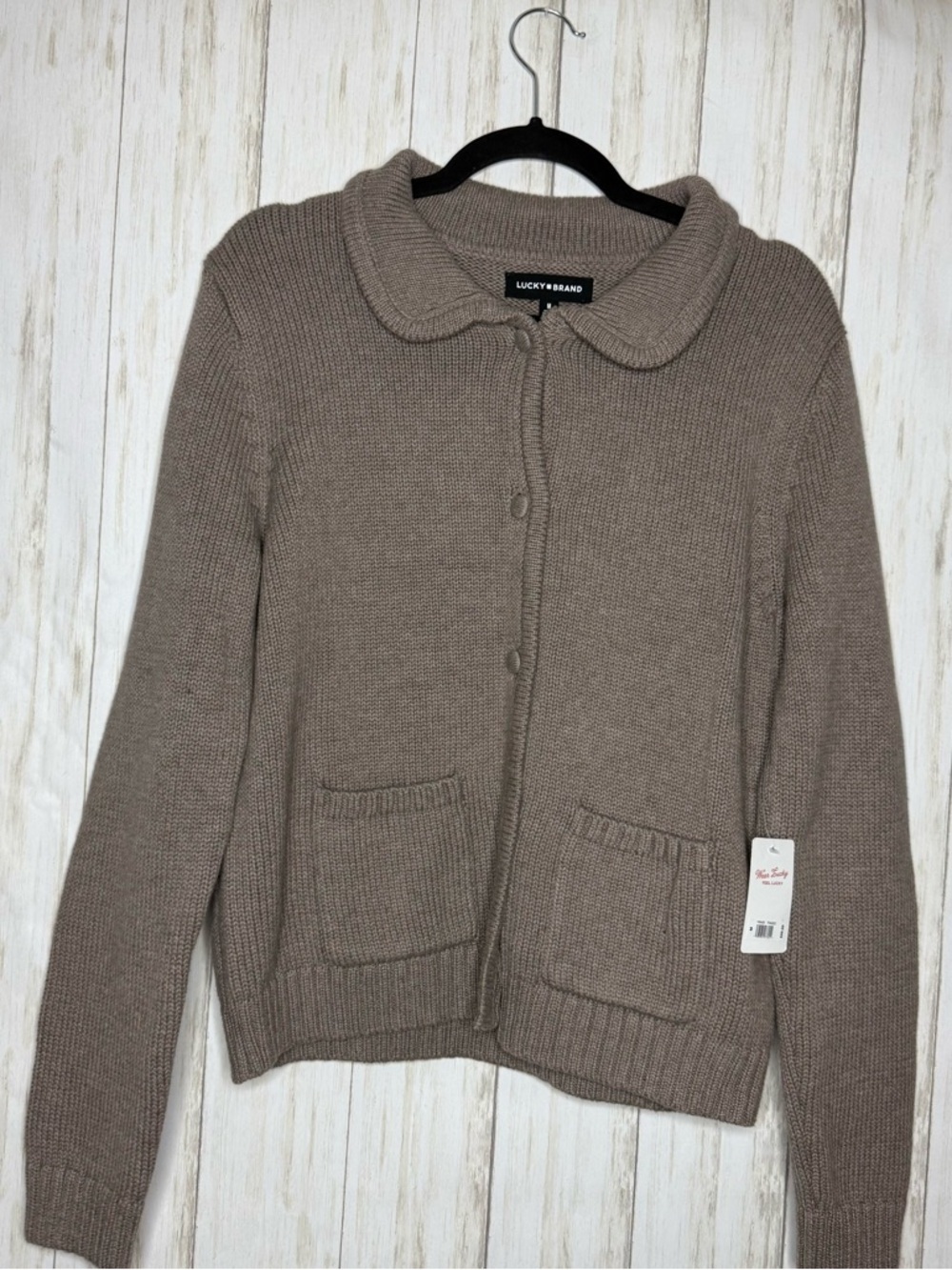 Lucky Brand NWT 100% cotton Taupe Collared Button-Up Sweater Medium - Picture 4 of 7